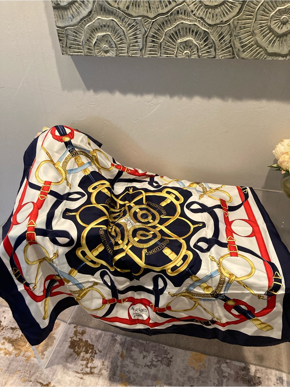Hermès Silk-Print Scarf in Blue & White Like New